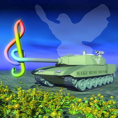 Bild vom Panzer mit Notenschlüssel und Friedenstaube